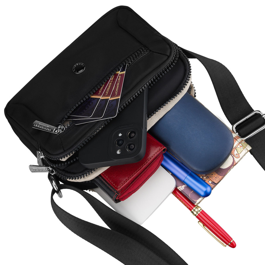 Kleine, schwarze Damen-Handtasche aus Polyester mit Reißverschluss, zweifächrig - Peterson – Bild 8