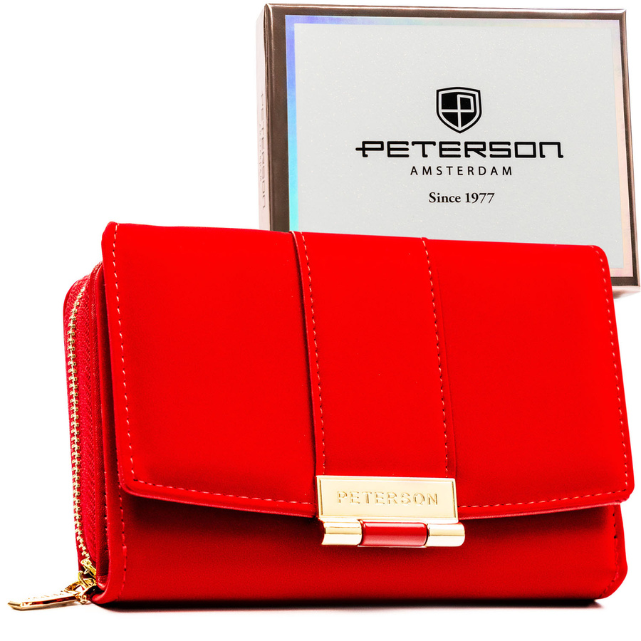 Damen-Geldbörse aus Öko-Leder in Rot, querformatig mit Druckknopf – Peterson