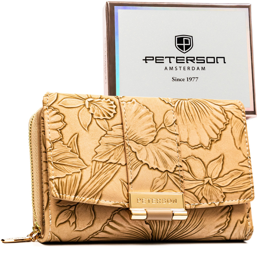 Elegante Damen-Geldbörse aus Öko-Leder in Beige mit Blumenmuster – Peterson