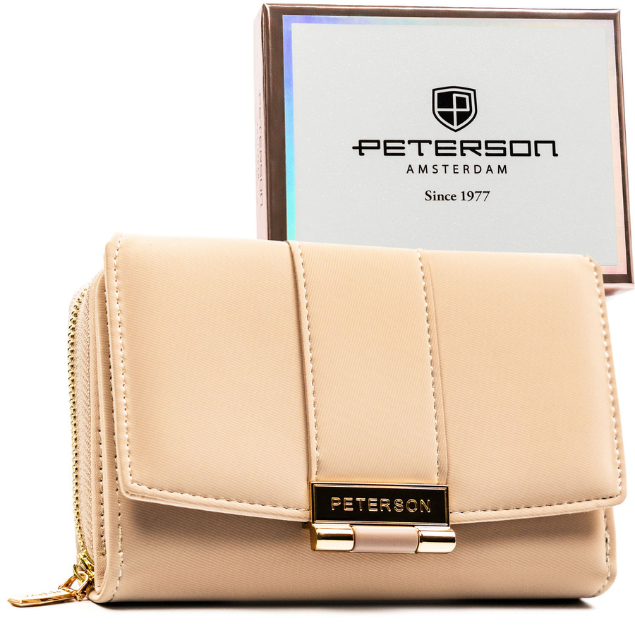 Beige Damen-Geldbörse aus Öko-Leder mit leicht gestreifter Struktur, mit Druckknopfverschluss - Peterson