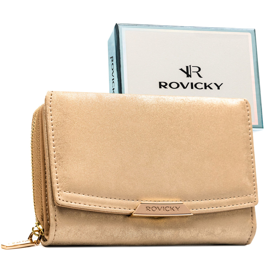Beige Damen-Geldbörse aus Öko-Leder, quer, mit Druckknopf - Rovicky