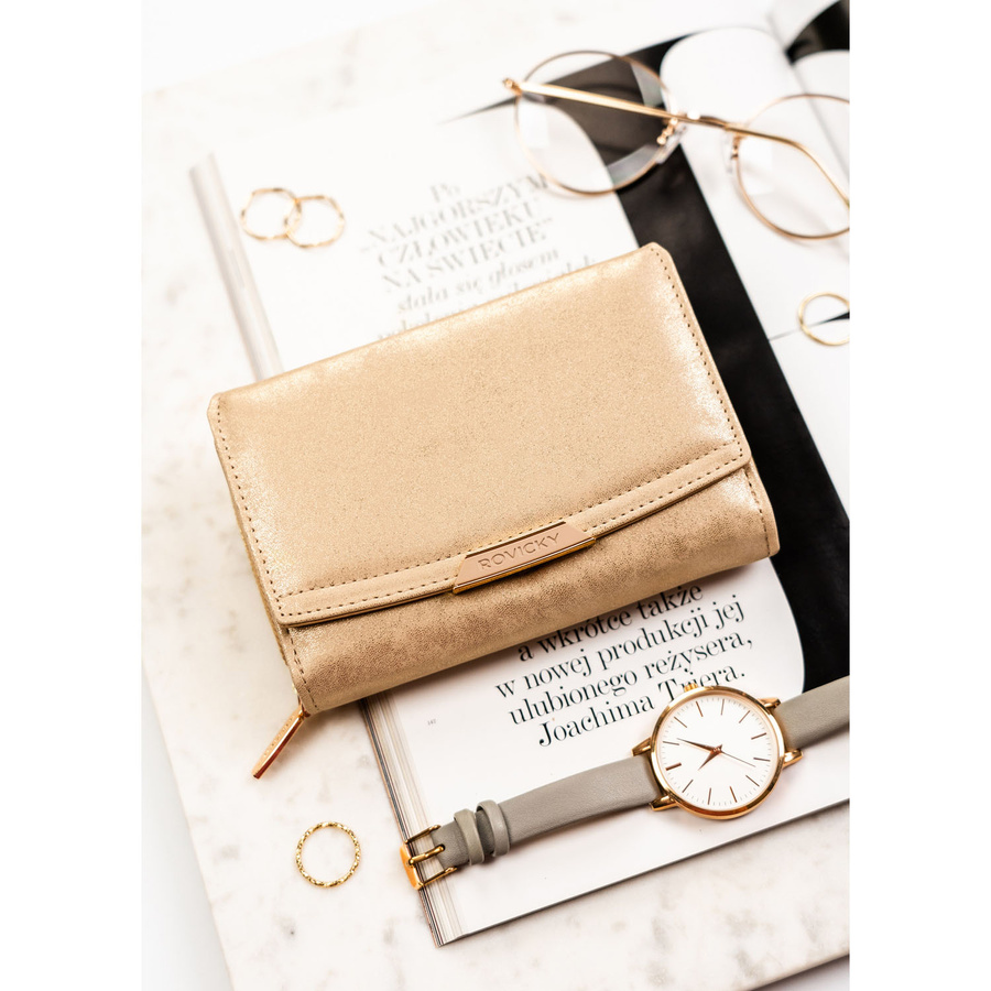 Beige Damen-Geldbörse aus Öko-Leder, quer, mit Druckknopf - Rovicky – Bild 3