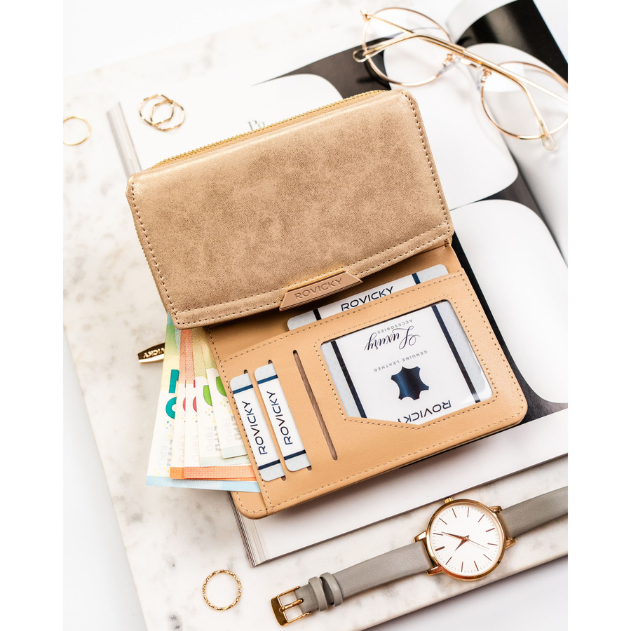 Beige Damen-Geldbörse aus Öko-Leder, quer, mit Druckknopf - Rovicky – Bild 6