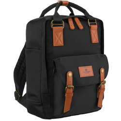 Schwarz-brauner, großer Damen-Rucksack aus Polyester und Öko-Leder – Peterson