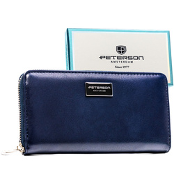 Damen-Geldbörse aus echtem und Öko-Leder in Navy, mit Reißverschluss – Peterson