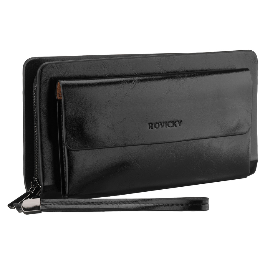 Handgelenktasche aus Öko-Leder in Schwarz, zweifach unterteilt - Rovicky