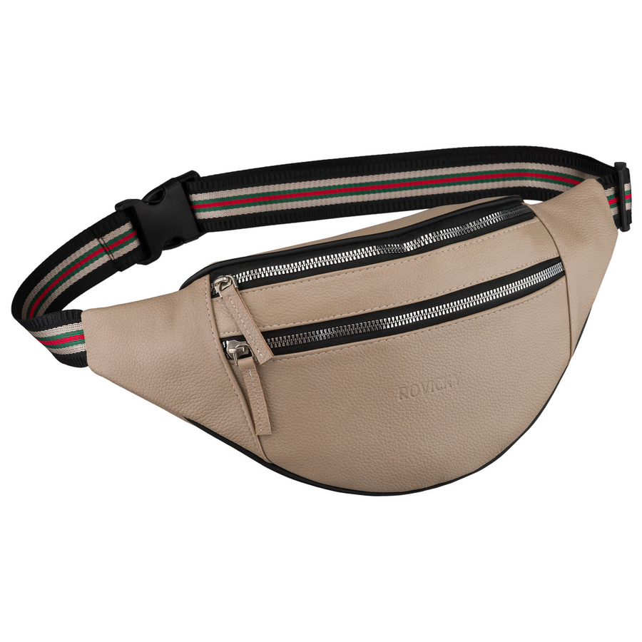 Ledrige Damen-Gürteltasche in Beige, einteilig und mit Reißverschluss - Rovicky