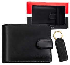 Geschenkset: Herren-Geldbörse, schwarze Herren-Geldbörse aus Öko-Leder und Schlüsselanhänger – Rovicky