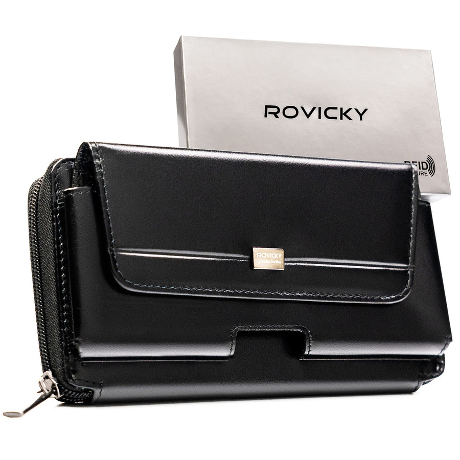 Schwarze, zweifach unterteilte Herren-Handgelenktasche aus Leder mit RFID-System – Rovicky