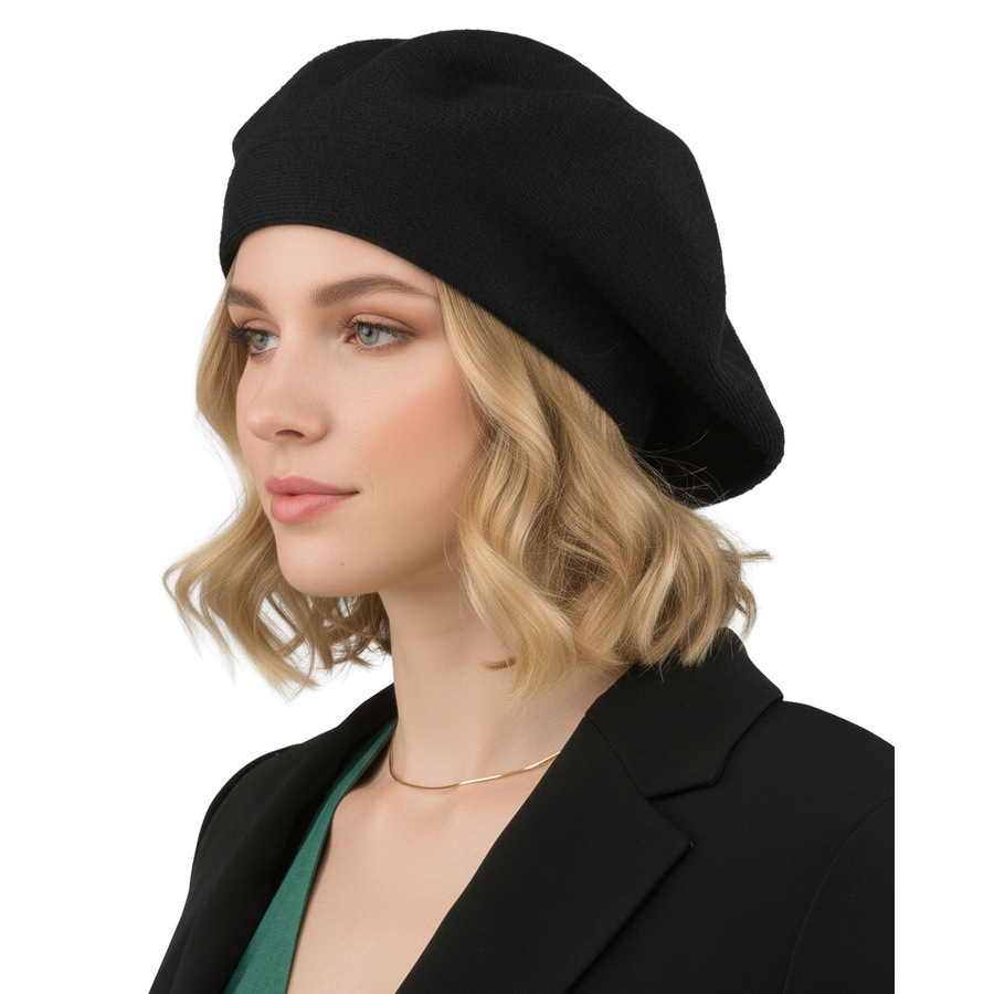 Warmer, schwarzer Damen-Barett aus Acryl – Rovicky