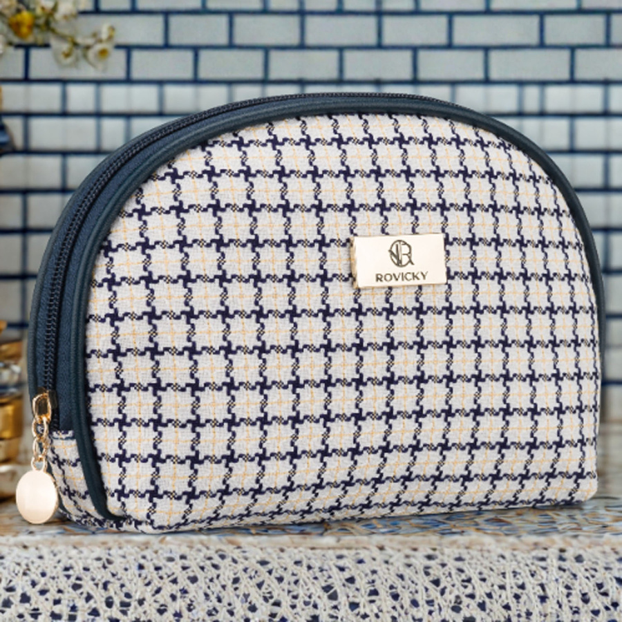 Beige-blaues Damen-Kosmetiktäschchen mit Karomuster, mit Reißverschluss – Rovicky – Bild 2