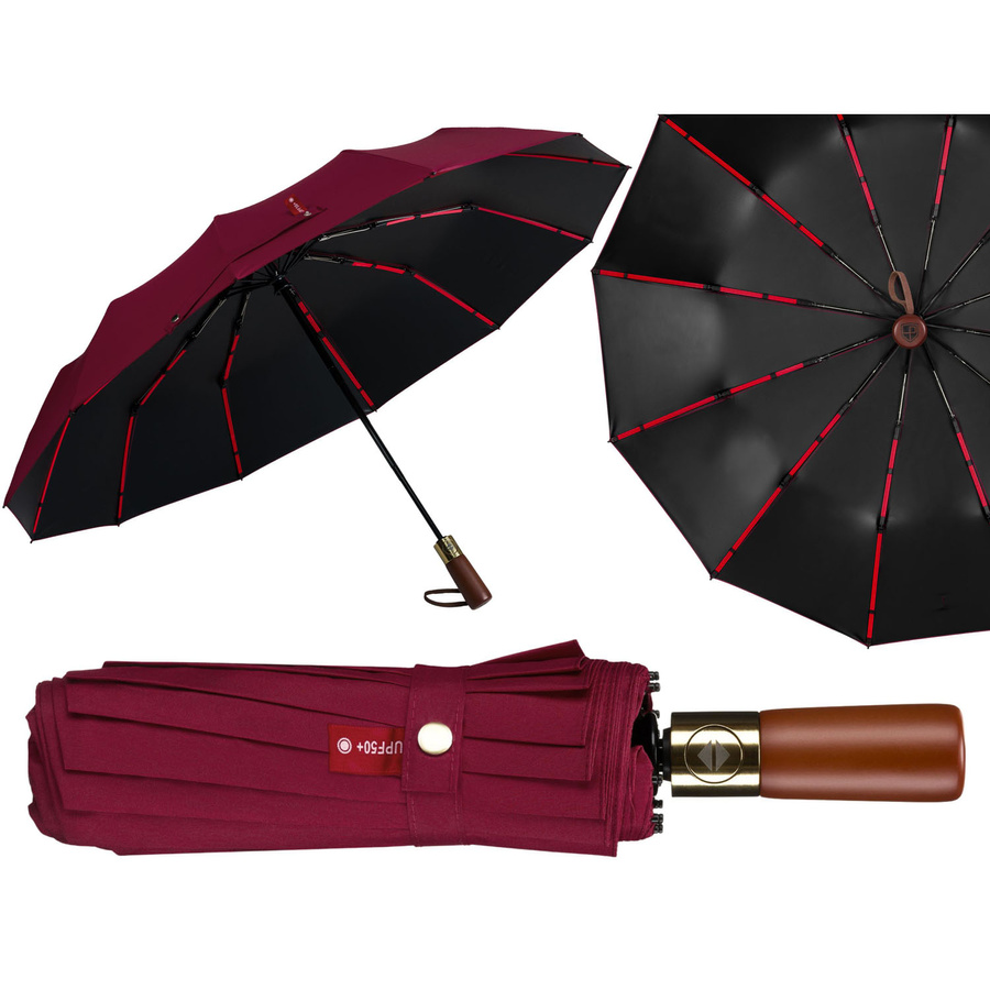 Großer, eleganter und zusammenklappbarer Regenschirm in Burgunderrot – Peterson