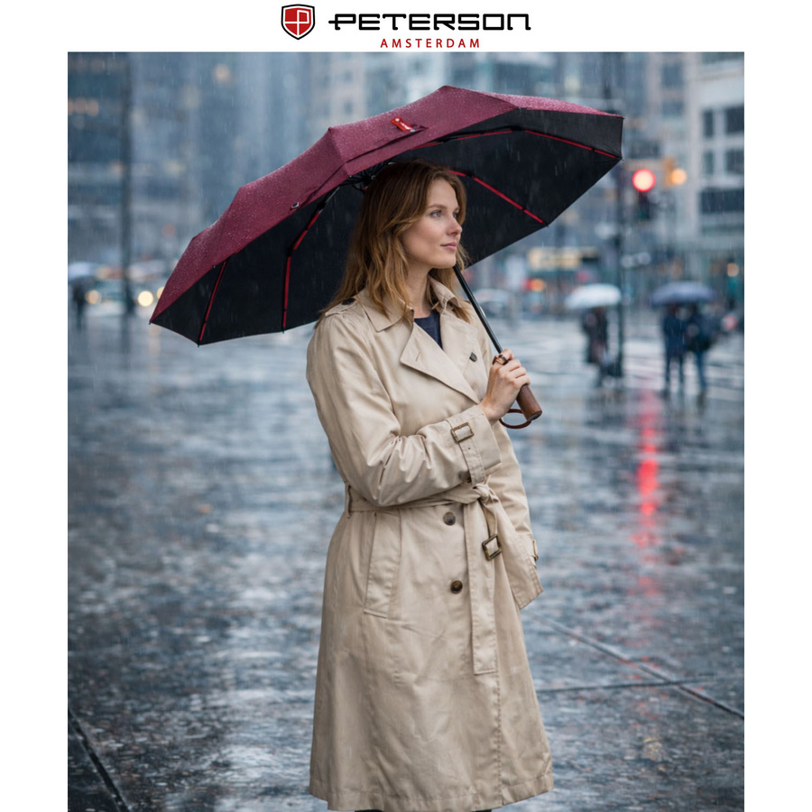 Großer, eleganter und zusammenklappbarer Regenschirm in Burgunderrot – Peterson – Bild 2