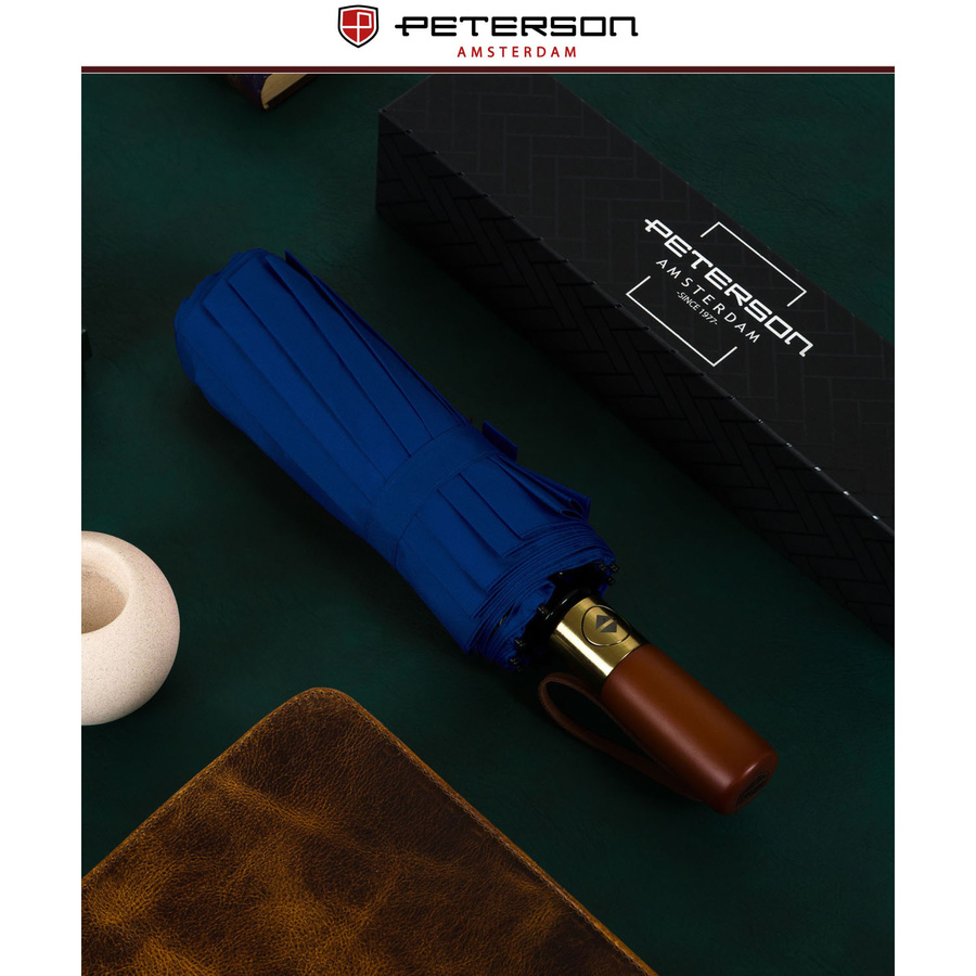 Blauer, großer, eleganter und zusammenklappbarer Regenschirm in Hülle – Peterson – Bild 7