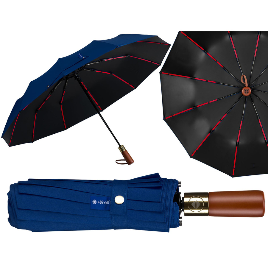 Blauer, großer, eleganter und zusammenklappbarer Regenschirm in Hülle – Peterson