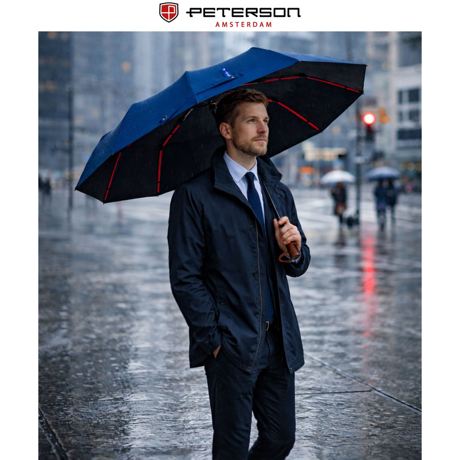Blauer, großer, eleganter und zusammenklappbarer Regenschirm in Hülle – Peterson – Bild 2