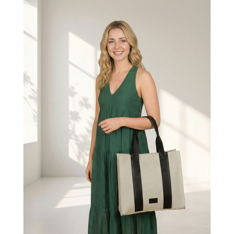 Großer Damen-Shopper in Beige-Schwarz aus Pomialid-Faser und Öko-Leder – Rovicky – Bild 2