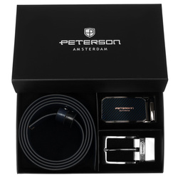 Geschenkset: beidseitiger Gürtel aus Leder in Marineblau und Schwarz – Peterson