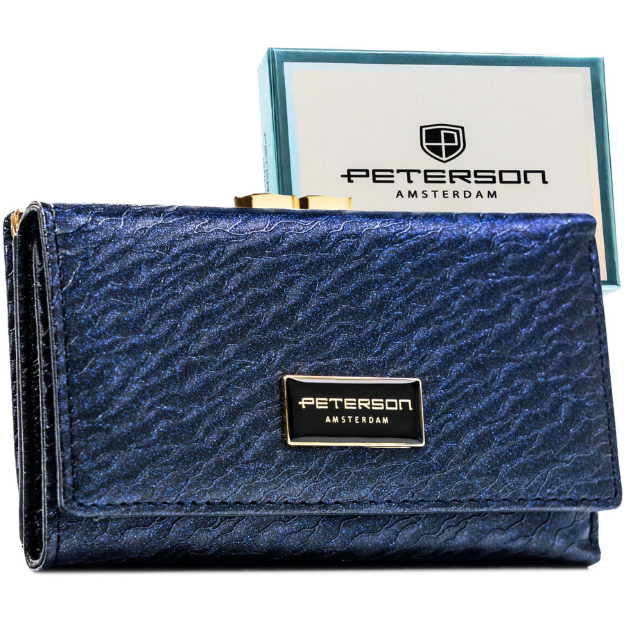 Blaue Damen-Geldbörse, verschließbar mit Druckknopf und Bügel - Peterson
