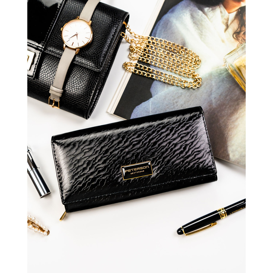 Große, schwarze Damen-Geldbörse, verschließbar mit Druckknopf, aus natürlichem und Öko-Leder gefertigt - Peterson – Bild 3