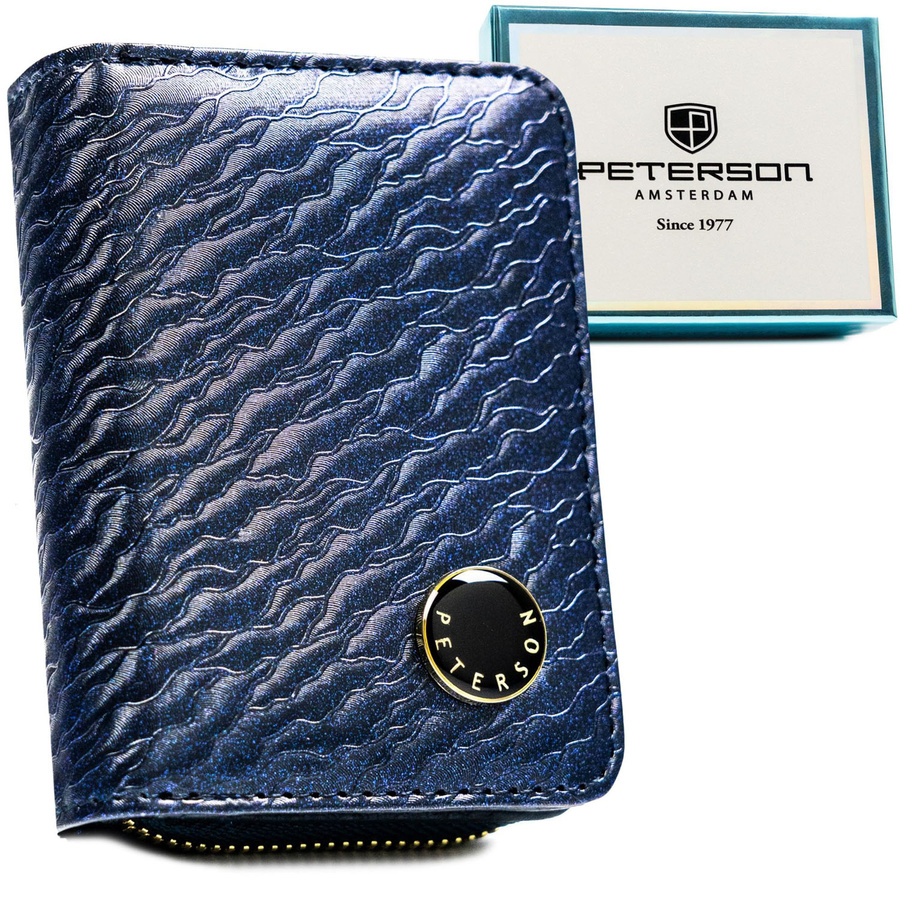 Blaue, kleine Damen-Geldbörse, verschließbar mit Druckknopf und Reißverschluss, hergestellt aus echtem und Öko-Leder - Peterson