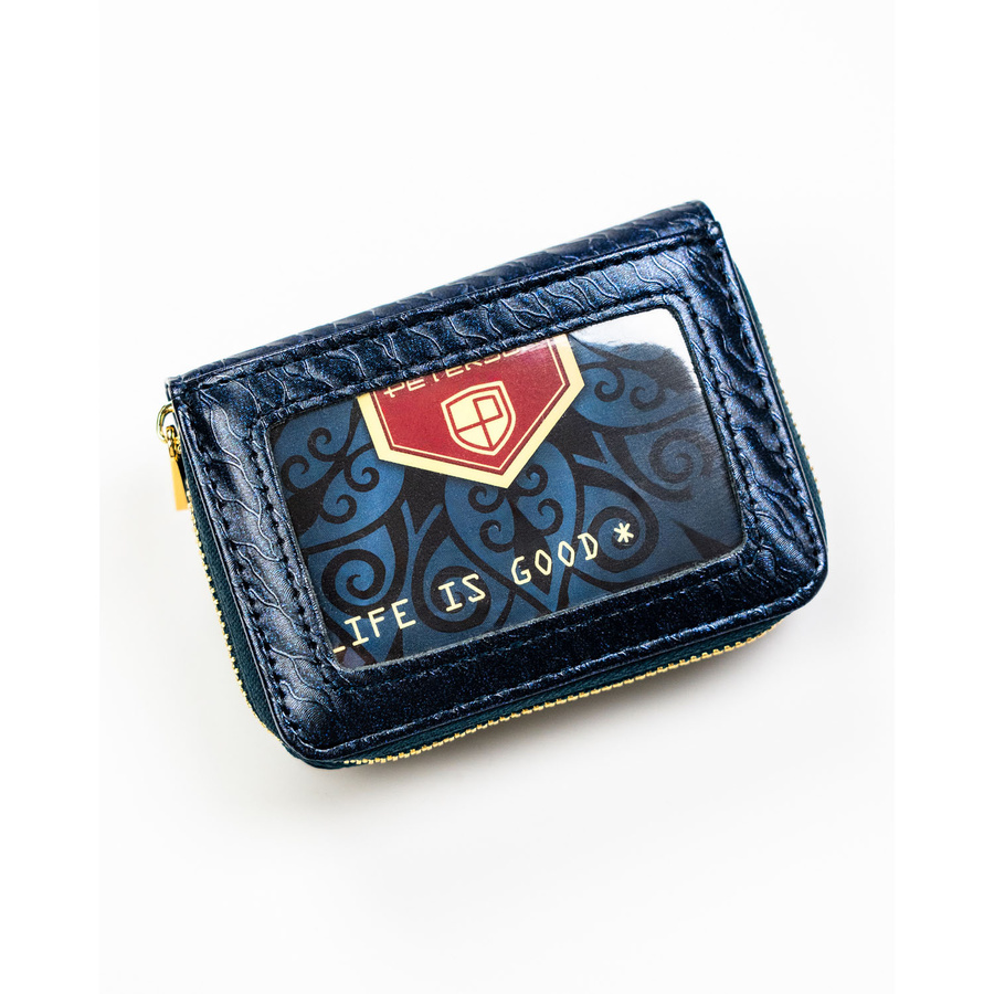 Blaue, kleine Damen-Geldbörse, verschließbar mit Druckknopf und Reißverschluss, hergestellt aus echtem und Öko-Leder - Peterson – Bild 6