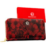 Damen-Geldbörse-Stiftetui aus Öko-Leder in roter Farbe, mit Blumenmuster überzogen - Rovicky