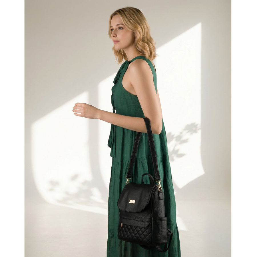 Kleiner schwarzer Damen-Rucksack 2in1 Umhängetasche urban aus Öko-Leder - Peterson – Bild 2