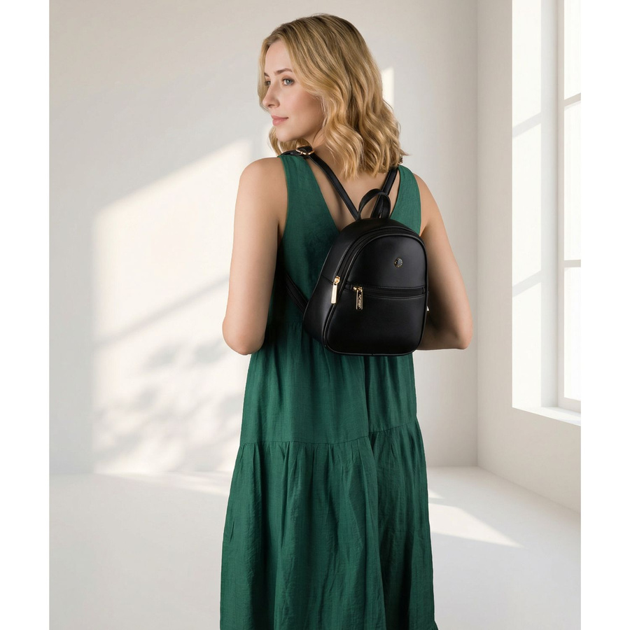 Kleiner Damen-Rucksack Mini-Rucksack städtisch mit Reißverschluss schwarz aus Öko-Leder - Peterson – Bild 2