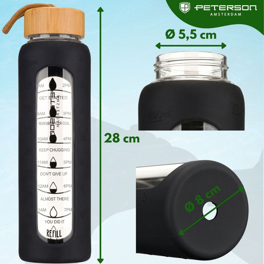 Glas-Wasserflasche motivierend schwarze Silikonhülle 960ml - Peterson – Bild 3