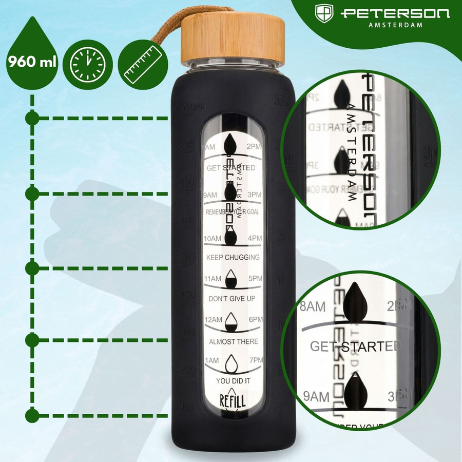 Glas-Wasserflasche motivierend schwarze Silikonhülle 960ml - Peterson – Bild 4