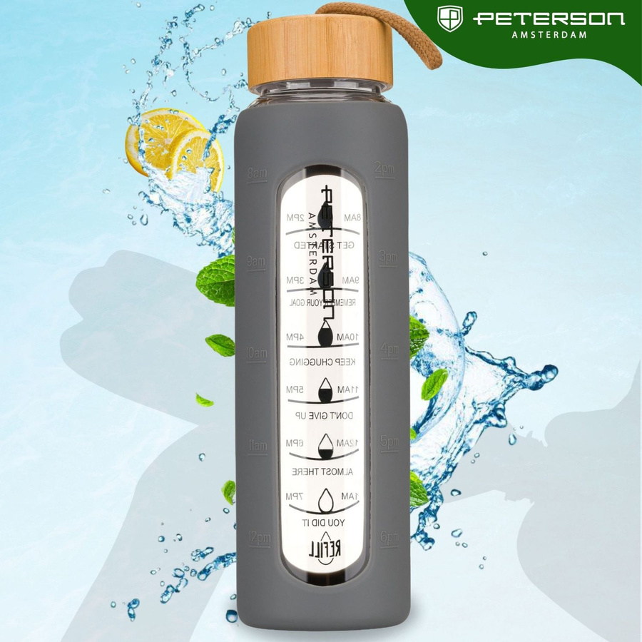 Glas-Wasserflasche mit Messskala motivierend und grauer Silikonhülle 960ml - Peterson – Bild 2