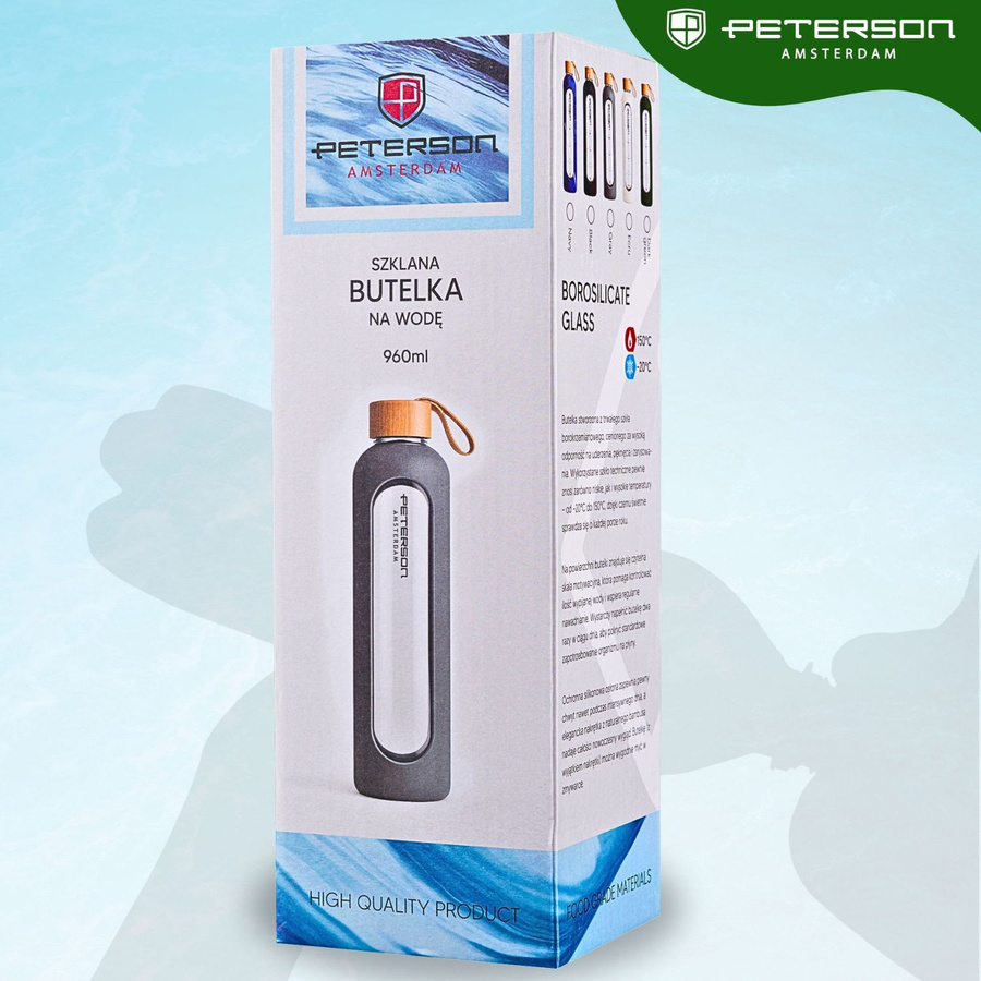 Glas-Wasserflasche mit Messskala motivierend und grauer Silikonhülle 960ml - Peterson – Bild 12