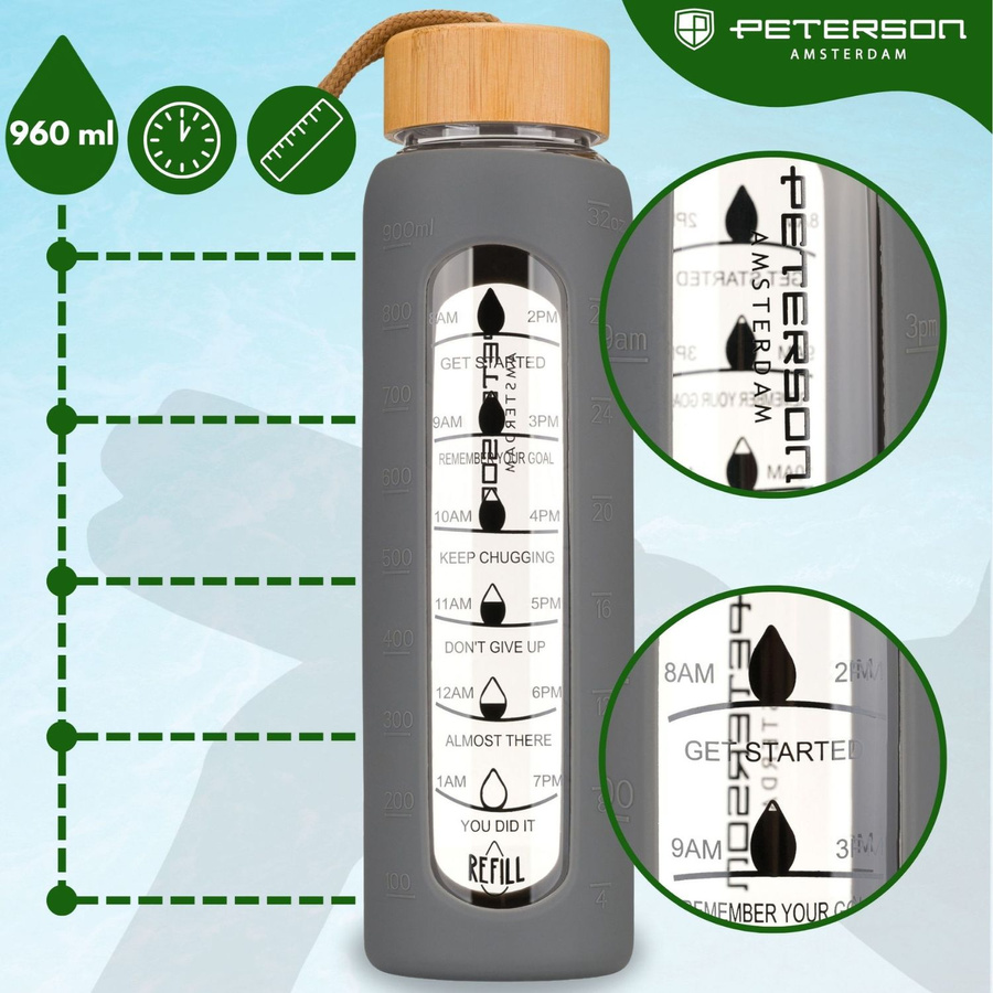 Glas-Wasserflasche mit Messskala motivierend und grauer Silikonhülle 960ml - Peterson – Bild 4