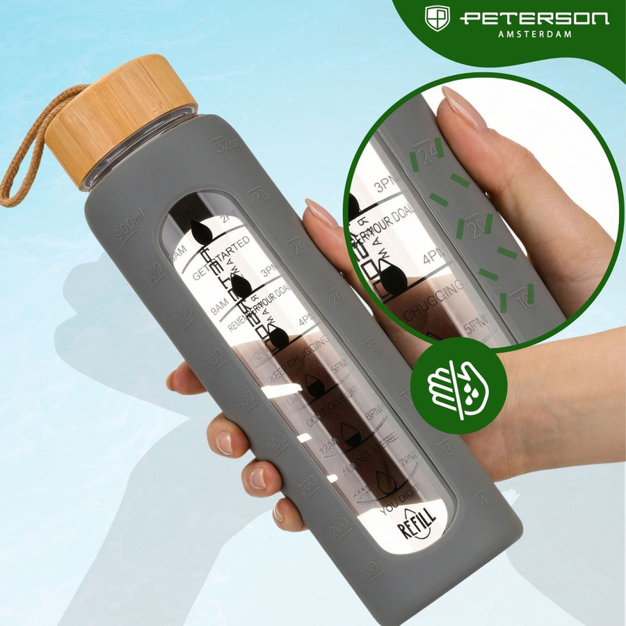 Glas-Wasserflasche mit Messskala motivierend und grauer Silikonhülle 960ml - Peterson – Bild 5