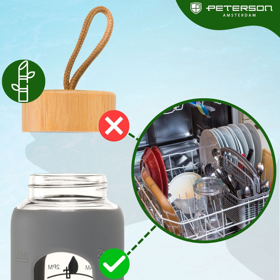 Glas-Wasserflasche mit Messskala motivierend und grauer Silikonhülle 960ml - Peterson – Bild 6