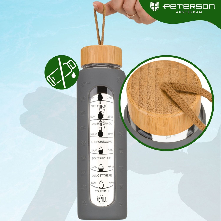 Glas-Wasserflasche mit Messskala motivierend und grauer Silikonhülle 960ml - Peterson – Bild 7
