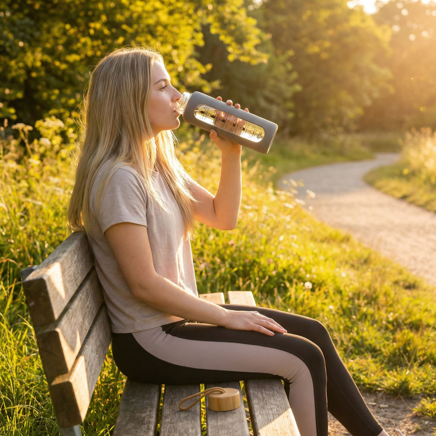Glas-Wasserflasche mit Messskala motivierend und grauer Silikonhülle 960ml - Peterson – Bild 8
