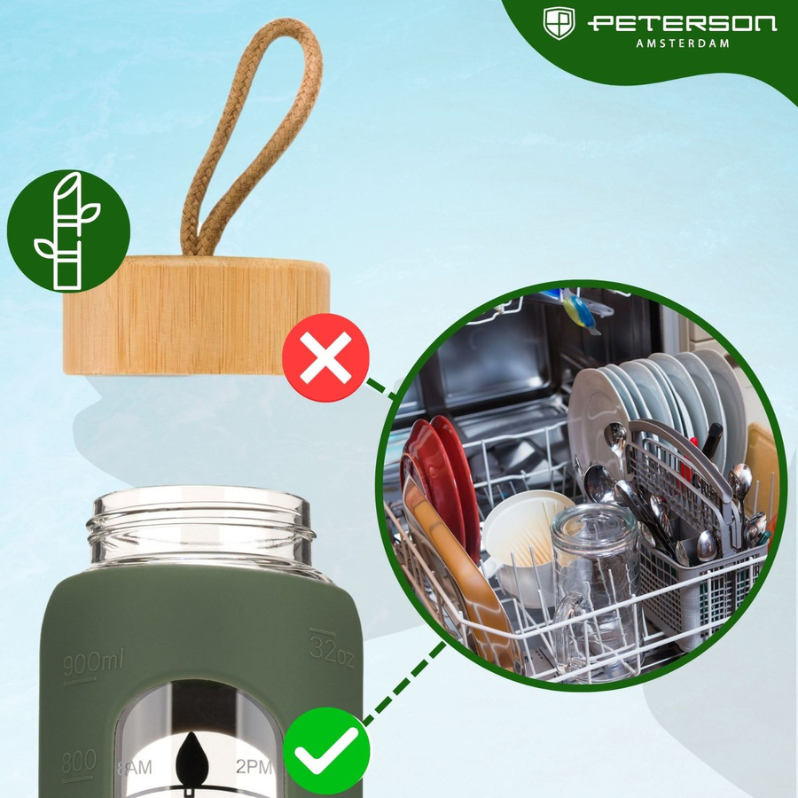 Glas-Wasserflasche Trinkflasche motivierend stündliche Messskala Silikonhülle 960ml grün - Peterson – Bild 6