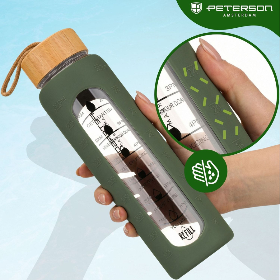 Glas-Wasserflasche Trinkflasche motivierend stündliche Messskala Silikonhülle 960ml grün - Peterson – Bild 5