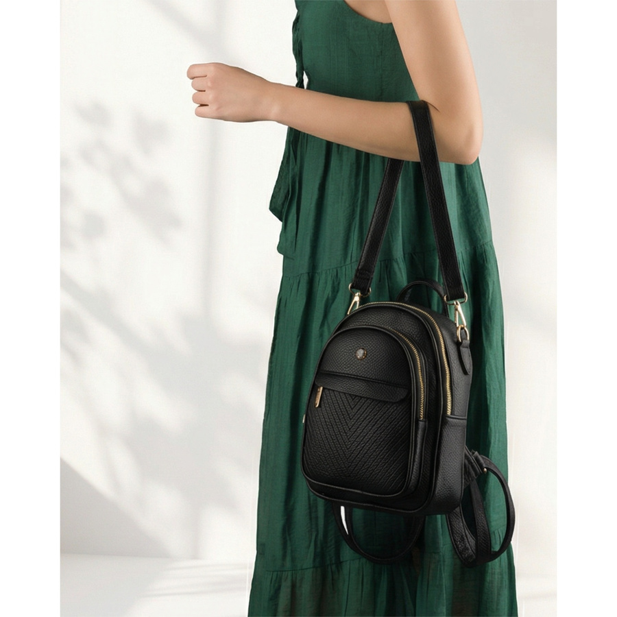 Schwarzer Damen-Rucksack klein aus Öko-Leder elegant Umhängegriff Tasche 2in1 - Peterson – Bild 4