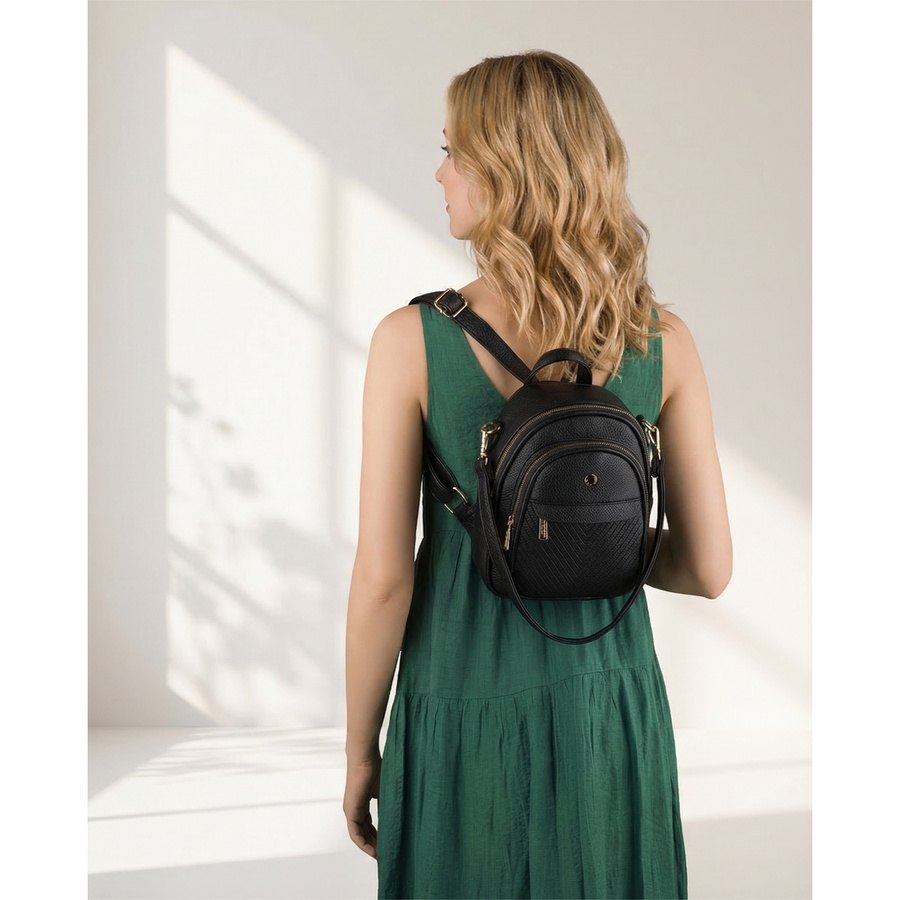 Schwarzer Damen-Rucksack klein aus Öko-Leder elegant Umhängegriff Tasche 2in1 - Peterson – Bild 3