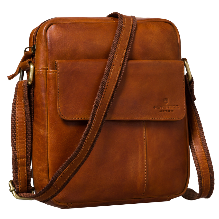 Braune Herren-Stadt-Umhängetasche klein aus echtem Leder modisch elegant - Peterson