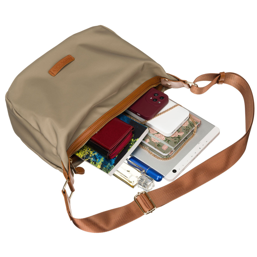 Damen-Umhängetasche aus Nylon in Khaki mit braunen Einsätzen aus Öko-Leder - Rovicky – Bild 6