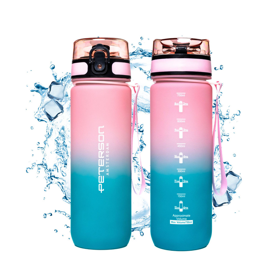 Wasserflasche in Blau-Rosa, ausgestattet mit praktischem Trageband - Peterson