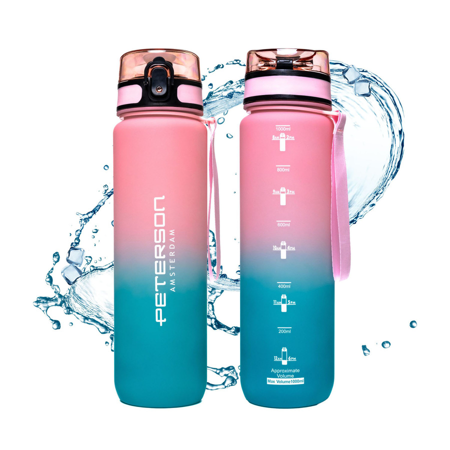Praktische Wasserflasche in Blau-Rosa mit Trageband - Peterson