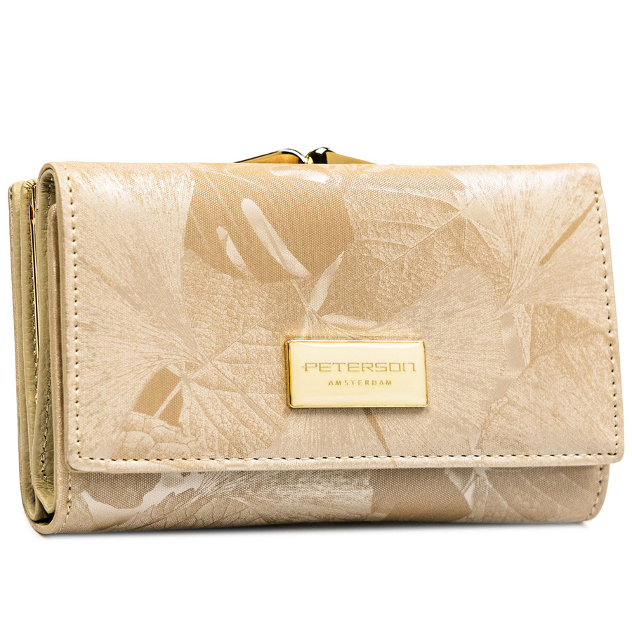 Beige Damen-Geldbörse aus Echtleder und Öko-Leder mit pflanzlichem Muster, verschließbar mit Bügel und Druckknopf - Peterson – Bild 2