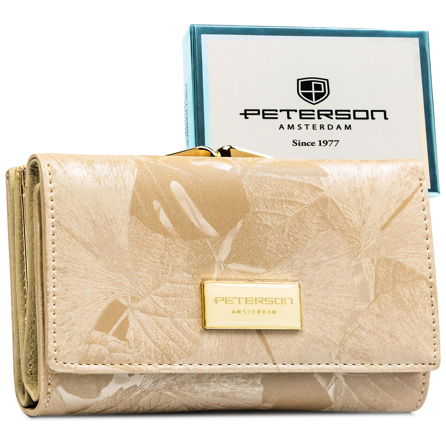 Beige Damen-Geldbörse aus Echtleder und Öko-Leder mit pflanzlichem Muster, verschließbar mit Bügel und Druckknopf - Peterson