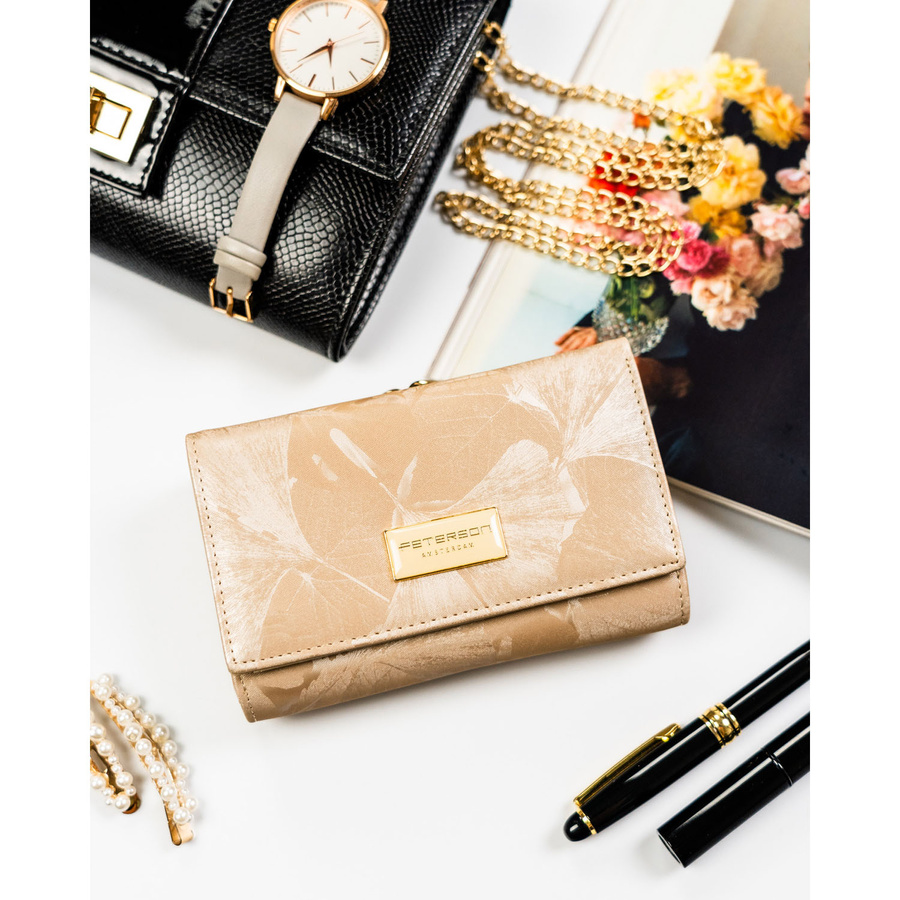 Beige Damen-Geldbörse aus Echtleder und Öko-Leder mit pflanzlichem Muster, verschließbar mit Bügel und Druckknopf - Peterson – Bild 3