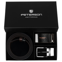 Geschenkset: doppelseitiger Ledergürtel in Braun und Schwarz mit zwei austauschbaren Schnallen – Peterson